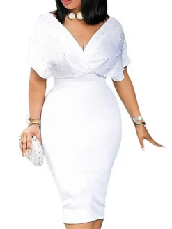 Women‘s Plus Size Curve Easter Dress Work Dress Pure Color V Neck Short Sleeve Spring Fall Work Knee Length Dress Work Dress