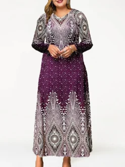 Women's Plus Size Curve Party Dress Cocktail Dress Sheath Dress Geometric Long Dress Maxi Dress Long Sleeve Print V Neck Fashion Party Red Blue Fall Winter L XL XXL 3XL 4XL -HANs Plus Size Style Shop ueqsor1695031522434