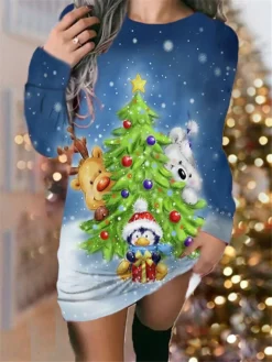 Women‘s Christmas Sweatshirt Dress Shift Dress Sweat Dress Mini Dress Green Black Blue Long Sleeve Snowman Print Winter Fall Autumn Round Neck Fashion Daily 2022 S M L XL XXL 3XL -HANs Plus Size Style Shop uexlyt1668155245480