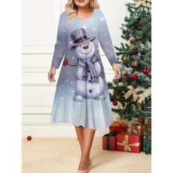Women's Christmas Plus Size Curve Casual Dress Skater Dress A Line Dress Snowman Christmas Tree Midi Dress Long Sleeve Print Crew Neck Fashion Outdoor White Royal Blue Fall Winter L XL XXL 3XL 4XL -HANs Plus Size Style Shop ueygps1695641830474