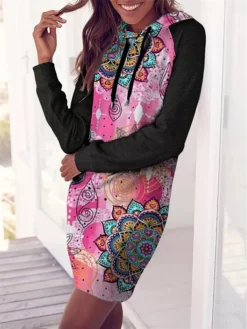 Women's Casual Dress Hoodie Dress Winter Dress Floral Abstract Print Hooded Mini Dress Fashion Streetwear Outdoor Daily Long Sleeve Loose Fit Pink Blue Green Fall Winter S M L XL XXL -HANs Plus Size Style Shop ufqshy1694153529003
