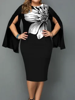 Women's Plus Size Curve Party Dress Winter Dress Bodycon Floral Midi Dress Long Sleeve Crew Neck Fashion Party Black Fall Winter XL XXL 3XL 4XL 5XL