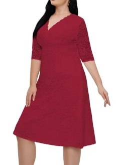 Women‘s Plus Size Curve Party Dress Lace Dress White Dress Solid Color Midi Dress Half Sleeve Lace V Neck Fashion Party White Red Summer Spring XL XXL 3XL 4XL 5XL -HANs Plus Size Style Shop ugekzv1681204550044