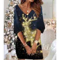 Women‘s Christmas Sweatshirt Dress Winter Dress Short Mini Dress Red 3/4 Length Sleeve Plaid Letter Print Fall Winter V Neck Vacation Casual 2022 S M L XL XXL 3XL -HANs Plus Size Style Shop ughxzl1668169418749