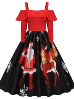 Women's Christmas Vintage DressKnee Length Dress Wine Light Red Red White Black Long Sleeve Santa Claus Elk Snowman Cold Shoulder Print Fall Winter Spaghetti Strap Vacation Vintage 2022 -HANs Plus Size Style Shop ugijpa1665293365446