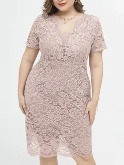 Women's Plus Size Curve Party Dress Lace Dress Cocktail Dress Midi Dress Black Pink Wine Short Sleeve Pure Color Lace Summer Spring Fall V Neck Fashion Birthday Wedding Guest Vacation XL XXL 3XL 4XL -HANs Plus Size Style Shop ugivuq1692165635041