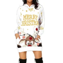 Women‘s Christmas Hoodie Dress Winter DressShort Mini Dress Red Black Long Sleeve Elk Tree Pocket Fall Winter Hooded Stylish Modern Loose Fit 2022 S M L XL XXL 3XL -HANs Plus Size Style Shop ugjppu1668150193378