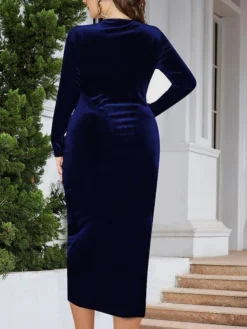 Women's Plus Size Party Dress Velvet Dress Cocktail Dress Midi Dress Black Wine Dark Green Long Sleeve Pure Color Ruched Spring Fall Winter V Neck Fashion Winter Dress Wedding Guest Birthday 2023 XL -HANs Plus Size Style Shop ugjyrk1692000450505