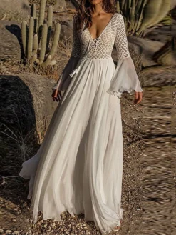 Women's Boho Dress Cover Up Beach Wear Long Dress Maxi Dress Mesh Patchwork Fashion Modern Plain V Neck Long Sleeve Loose Fit Outdoor Daily White 2023 Summer Spring One Size