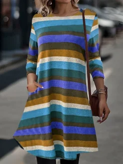Women's Casual Dress Sweatshirt Dress Winter Dress Stripe Pocket Print Crew Neck Mini Dress Fashion Streetwear Outdoor Daily Long Sleeve Loose Fit Yellow Blue Green Fall Winter S M L XL XXL -HANs Plus Size Style Shop ugmdew1694504181922