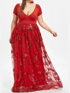 Women's Plus Size Swing Dress Solid Color V Neck Layered Short Sleeve Fall Prom Dresses Maxi Long Dress Party Dress -HANs Plus Size Style Shop ugueyf1629106117225