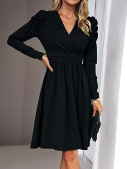 Women's Casual Dress Plain Dress Empire Waist Dresses Midi Dress Ruched Outdoor Daily Holiday Fashion Modern V Neck Long Sleeve 2023 Regular Fit Black Green Khaki Color S M L XL Size -HANs Plus Size Style Shop uhbvqr1692081752684
