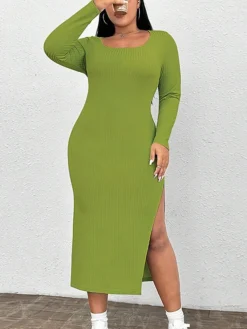 Women‘s Plus Size Curve Party Dress Cocktail Dress Wedding Guest Dress Midi Dress Green Long Sleeve Pure Color Split Spring Fall Winter Crew Neck Fashion Birthday Wedding Guest Vacation 2023 -HANs Plus Size Style Shop uhnasq1692174448508