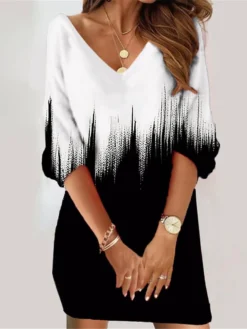 Women's Casual Dress Sweatshirt Dress Summer Dress Geometric Color Block Print V Neck Mini Dress Fashion Streetwear Outdoor Daily 3/4 Length Sleeve Loose Fit Black And White White Dark Gray Summer