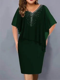 Women‘s Plus Size Curve Party Dress Cocktail Dress Wedding Guest Dress Midi Dress Black Wine Navy Blue Half Sleeve Pure Color Patchwork Summer Spring Fall V Neck Fashion Vacation -HANs Plus Size Style Shop uhuizm1691054879901