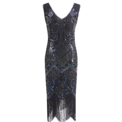 Women's Retro 1920s Fringe Dress Midi Dress Party Halloween Sequins Tassel Fringe Floral V Neck Sleeveless Regular Fit Spring Fall 2023 Black Pink S M L XL -HANs Plus Size Style Shop uibjii1692849146182