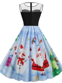 Women's Christmas Casual Dress Swing Dress Midi Dress Blue Royal Blue Dark Blue Light Blue Sleeveless Santa Claus Snowman Mesh Print Winter Fall Crew Neck Vacation Vintage 2022 S M L XL XXL -HANs Plus Size Style Shop uijxbm1666597367817