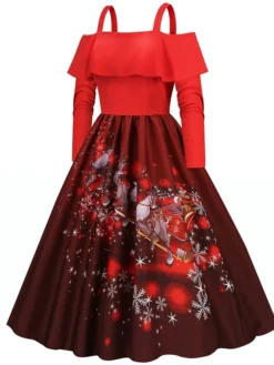 Women's Christmas Swing Dress Slip Dress Vintage Dress Midi Dress Black Wine Light Red Long Sleeve Santa Claus Cold Shoulder Winter Fall Autumn Spaghetti Strap Modern Vacation 2022 S M L XL XXL 3XL -HANs Plus Size Style Shop uikobn1667793477714
