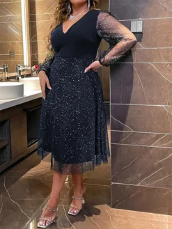 Women's Plus Size Curve Party Dress Cocktail Dress Swing Dress Maxi Dress Black Navy Blue Long Sleeve Polka Dot Mesh Spring Fall Winter V Neck Fashion Birthday Wedding Guest Vacation XL XXL -HANs Plus Size Style Shop uipkaf1692175622913