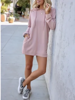 Women's Casual Dress Hoodie Dress Mini Dress Fashion Daily Outdoor Vacation Going Out Hoodie Print Pure Color Loose Fit Pink Khaki Army Green S M L XL -HANs Plus Size Style Shop uirxiy1695024142942