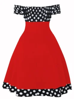 Women‘s Christmas Swing Dress Vintage Dress Midi Dress Black Red Short Sleeve Polka Dot Ruched Fall Spring Summer Off Shoulder Vintage Style Vacation Weekend 2022 S M L XL XXL -HANs Plus Size Style Shop ujetex1630033595940