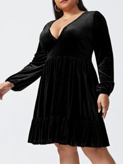 Women‘s Plus Size Curve Party Dress Velvet Dress Cocktail Dress Mini Dress Black Wine Royal Blue Long Sleeve Pure Color Ruched Spring Fall Winter V Neck Fashion Birthday Wedding Guest Vacation 2023 -HANs Plus Size Style Shop ujjaqu1692176737415