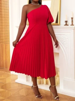 Women's Plus Size Curve Party Dress Cocktail Dress Swing Dress Plain Midi Dress Half Sleeve Pleated One Shoulder Fashion Party Red Fall Winter XL XXL 3XL 4XL -HANs Plus Size Style Shop ukhitt1694425974440