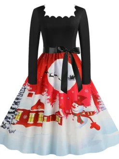 Women's Christmas Casual Dress Vintage Dress Midi Dress Black Blue Wine Long Sleeve Santa Claus Bow Winter Fall Spring Square Neck Vacation Christmas Daily Vacation 2022 S M L XL XXL 3XL -HANs Plus Size Style Shop uksckp1667637130473
