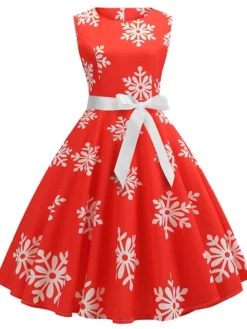 Women's Christmas Knee Length Dress Blue Green Red Sleeveless Print Bow Print Fall Winter Round Neck Casual Vintage2021 S M L XL XXL -HANs Plus Size Style Shop ukubyq1630045082327