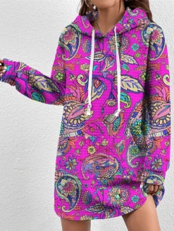 Women's Casual Dress Hoodie Dress Winter Dress Paisley Pocket Print Hooded Mini Dress Fashion Streetwear Outdoor Daily Long Sleeve Loose Fit Blue Purple Orange Fall Winter S M L XL XXL -HANs Plus Size Style Shop ukvzvf1694602380297