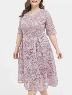 Women‘s Plus Size Curve Party Dress Lace Dress Cocktail Dress Midi Dress Black Pink Wine Half Sleeve Pure Color Lace Summer Spring Fall V Neck Fashion Birthday Wedding Guest Vacation 2023 -HANs Plus Size Style Shop ukxomh1691564485439