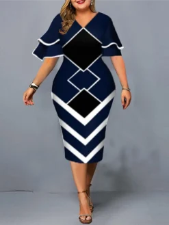 Women‘s Plus Size Curve Work Dress Geometric V Neck Short Sleeve Spring Fall Fashion Elegant Modern Midi Dress Formal Office Dress -HANs Plus Size Style Shop ulciaw1671091292996
