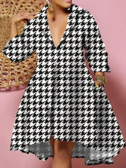 Women's Plus Size Curve Shirt Dress Casual Dress Swing Dress Floral Geometric Midi Dress 3/4 Length Sleeve Plus High Low Print Shirt Collar Fashion Daily White Yellow Fall Winter L XL XXL 3XL -HANs Plus Size Style Shop ulfhrq1694594683351