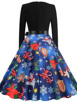 Women's Christmas Swing Dress Vintage DressKnee Length Dress Blue Red Navy Blue Black Long Sleeve Plaid Santa Claus Elk Bow Print Fall Winter V Neck Vacation Vintage 2022 S M L XL XXL 3XL -HANs Plus Size Style Shop ulhjkl1665293394488