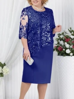 Women‘s Plus Size Curve Sheath Dress Floral Round Neck Lace Half Sleeve Fall Spring Work Vintage Prom Dress Knee Length Dress Party Daily Dress -HANs Plus Size Style Shop ullduc1622704238983