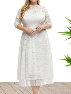 Women's Plus Size Curve Party Dress Lace Dress Sheath Dress Solid Color Midi Dress 3/4 Length Sleeve Ruched Patchwork Crew Neck Fashion Wedding White Red Spring Fall XL XXL 3XL 4XL 5XL