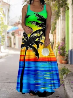 Women‘s Plus Size Curve Casual Dress Strap Dress Floral Coconut Tree Long Dress Maxi Dress Sleeveless Print Strap Fashion Outdoor Navy Blue Blue Summer Spring L XL XXL 3XL 4XL -HANs Plus Size Style Shop ulsqcp1684480037449