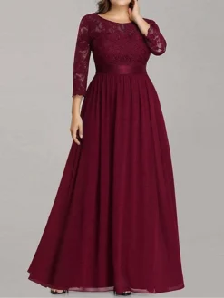 Women's Plus Size Curve Prom Dress Party Dress Lace Dress Long Dress Maxi Dress White Pink Wine 3/4 Length Sleeve Pure Color Lace Spring Fall Winter Crew Neck Fashion Birthday Evening Party