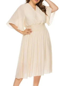 Women‘s Plus Size Curve Party Dress Wedding Guest Dress Swing Dress Midi Dress Black Beige Half Sleeve Pure Color Pleated Summer Spring Fall V Neck Party Birthday Wedding Guest Vacation 2023 -HANs Plus Size Style Shop umdwnz1691399369657