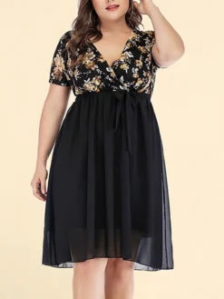 Women‘s Plus Size Curve Party Dress Cocktail Dress Wedding Guest Dress Midi Dress Black Wine Short Sleeve Floral Lace Up Summer Spring Fall V Neck Fashion Birthday Wedding Guest Vacation 2023 -HANs Plus Size Style Shop umffaq1691399396283