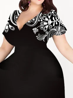Women‘s Plus Size Curve Casual Dress A Line Dress Graphic Midi Dress Short Sleeve Print V Neck Elegant Holiday Black White Summer Spring L XL XXL 3XL 4XL -HANs Plus Size Style Shop umjzak1678188500644
