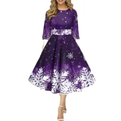Women's Christmas Skater Dress Print DressMidi Dress Green Purple Dark Red Dark Blue Black 3/4 Length Sleeve Print Snowflake Patchwork Print Fall Winter Crew Neck Fashion Party 2022 S M L XL 2XL 3XL -HANs Plus Size Style Shop umnhhj1665489400268