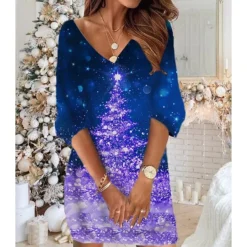 Women‘s Christmas Sweatshirt Dress Winter Dress Short Mini Dress Red 3/4 Length Sleeve Plaid Letter Print Fall Winter V Neck Vacation Casual 2022 S M L XL XXL 3XL -HANs Plus Size Style Shop umrymj1668169421358