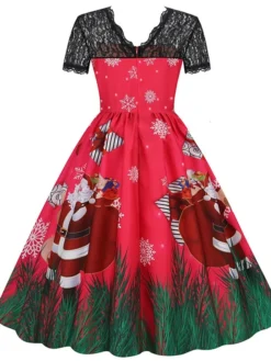 Women's Christmas Swing Dress Vintage DressKnee Length Dress Green Wine Dark Green Fuchsia Red Black Short Sleeve Santa Claus Snowman Snowflake Lace Print Fall Winter V Neck Vacation Vintage 2022 S -HANs Plus Size Style Shop umvxbk1665293369948