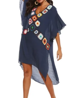 Women's Swimwear Cover Up Beach Dress Normal Swimsuit Splice Floral White Black Navy Blue V Wire Bathing Suits New Vacation Fashion /y / Modern -HANs Plus Size Style Shop unkicr1652335461875