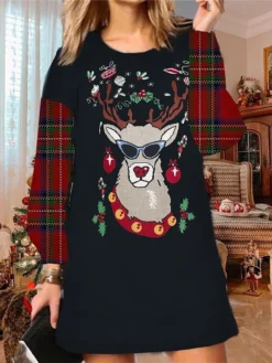 Women's Christmas Ugly Sweatshirt Dress Shift Dress Mini Dress Green Black Red Long Sleeve Santa Claus Print Winter Fall Autumn Fashion Daily 2022 S M L XL XXL 3XL -HANs Plus Size Style Shop unoycn1667986005127