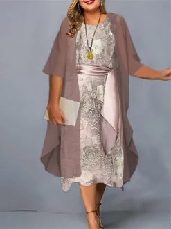 Women‘s Plus Size Curve Casual Dress Dress Set Two Piece Dress Floral Midi Dress 3/4 Length Sleeve Crew Neck Fashion Daily Pink Wine Summer Spring L XL XXL 3XL 4XL -HANs Plus Size Style Shop unqqqp1672899877156