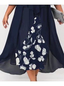 Women's Plus Size Curve Work Dress Floral V Neck Ruched 3/4 Length Sleeve Spring Summer Work Elegant Midi DressLayered Formal Vacation Dress -HANs Plus Size Style Shop unwrsc1657530630103