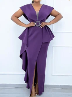 Women's Plus Size Curve Party Dress Solid Color V Neck Short Sleeve Spring Summer Prom Dress Maxi Long Dress Party Dress