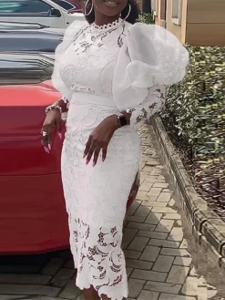 Women‘s Plus Size Curve Party Dress Lace Dress Cocktail Dress Midi Dress White Pink Long Sleeve Pure Color Lace Spring Fall Winter Stand Collar Fashion Wedding Guest Vacation Fall Dress 2023